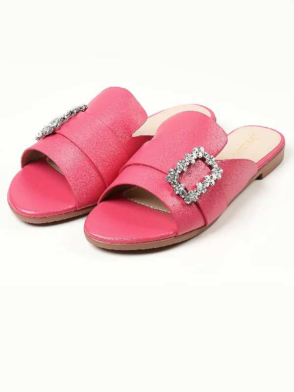 Flats with plaid design-Crystal Buckle Flats - Shocking Pink