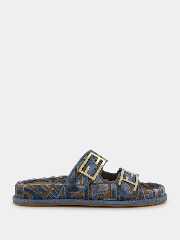 Blue Fendi Feel Jacquard Velvet Slides