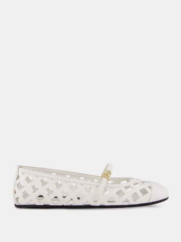 Flats shoes for laid-back elegance-White Odette Openwork Calfskin Ballet Flats