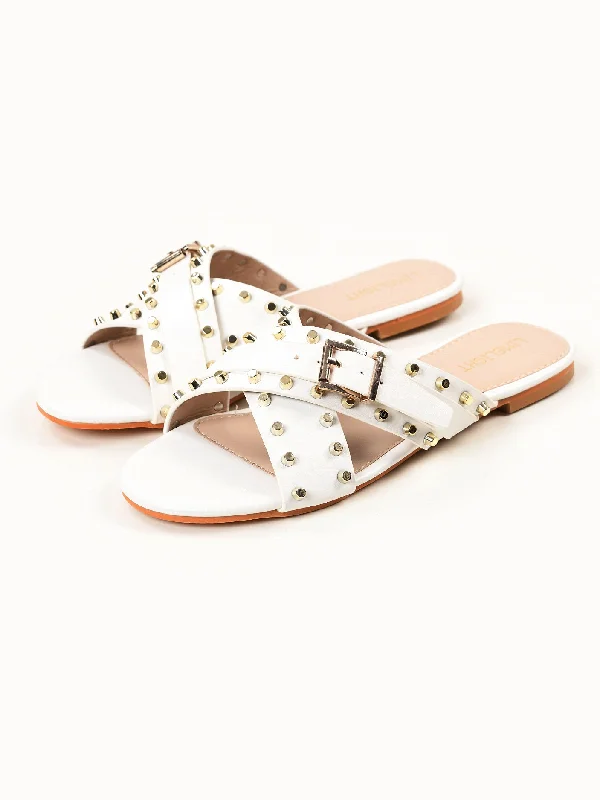 Flats with open back-Crisscross Studded Flats - White