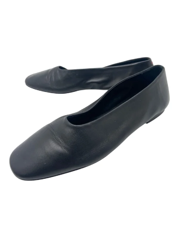 Flats shoes with functional design-aeyde Shoe Size 38 Black Leather Rounded Square Toe Stacked Heel Flats Shoes