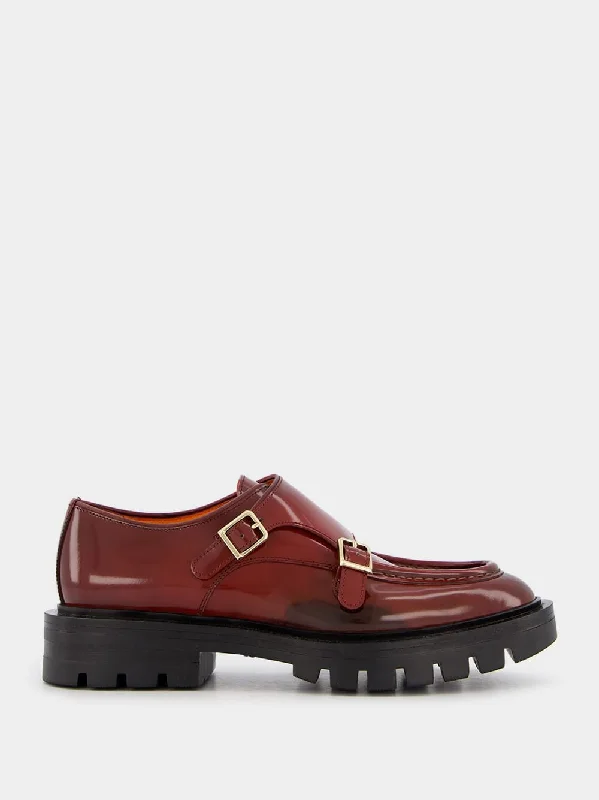 Burgundy Leather Double-Buckle Shoes