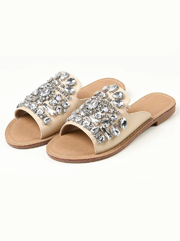 Flats shoes with zip closure-Stone Studded Flats - Beige