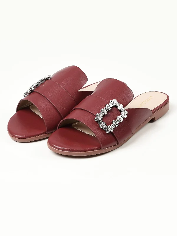 Flats for vintage look-Crystal Buckle Flats - Maroon