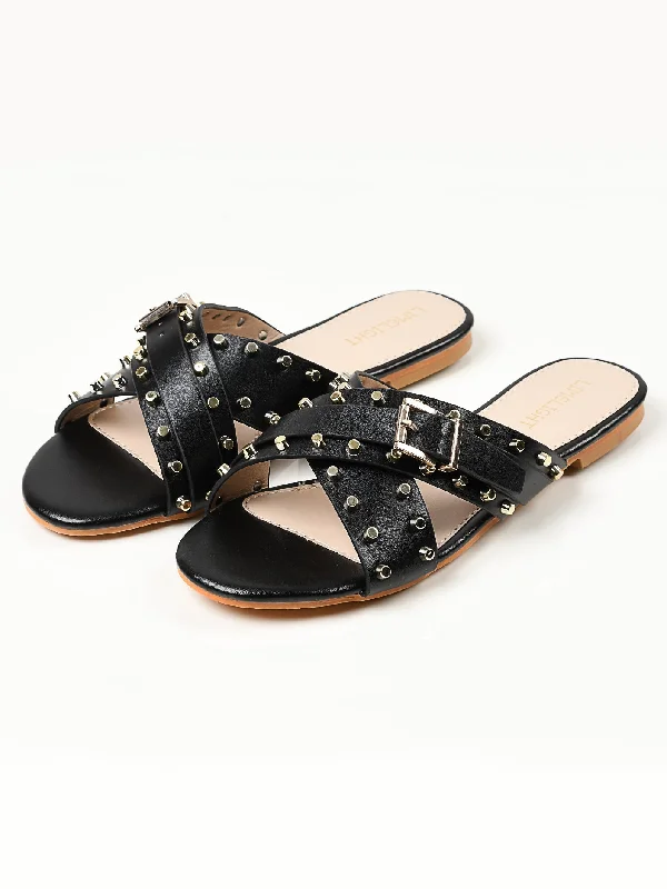 Flats shoes with vibrant colors-Crisscross Studded Flats - Black