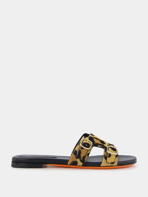 Leopard-Print Double-Buckle Leather Slides