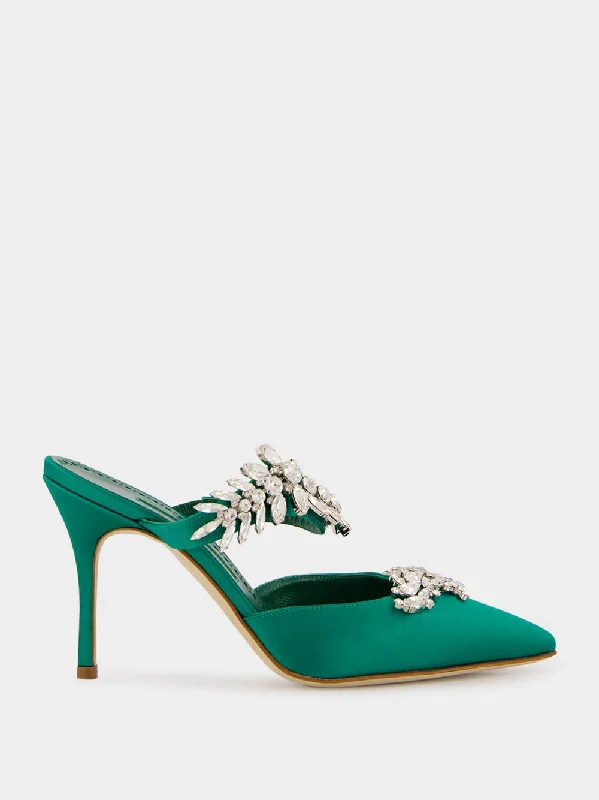 Green Satin Crystal Embellished Mules