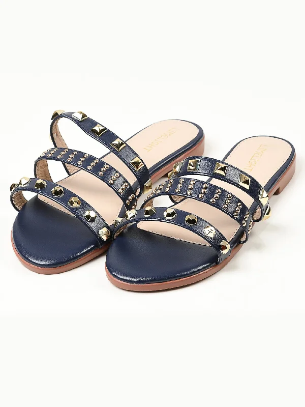 Flats with sleek design-Studded Flats - Navy Blue