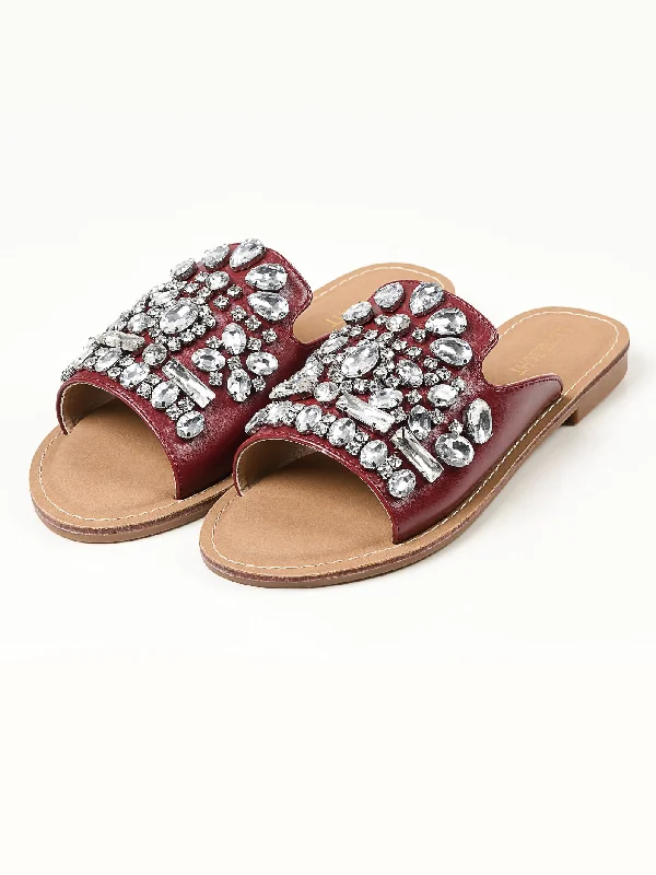 Flats for walking long distances-Stone Studded Flats - Maroon