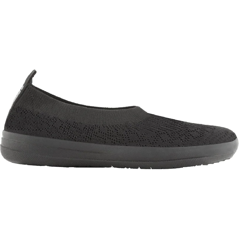 casual shoes for men with wide feet-Women's FitFlop Uberknit Slip-On Ballerina All Black Knit Fabric