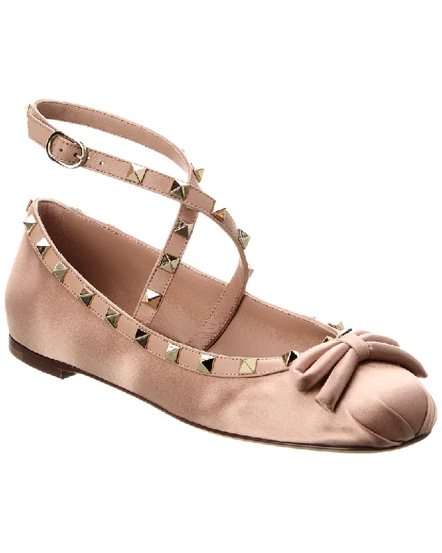 Flats for mothers-Valentino Rockstud Satin & Leather Flat