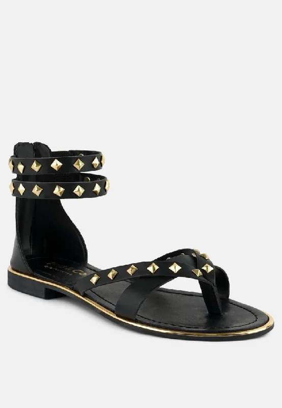 Sandals couples retreat-EMMETH Studs Embellished Black Flat Gladiator Sandals