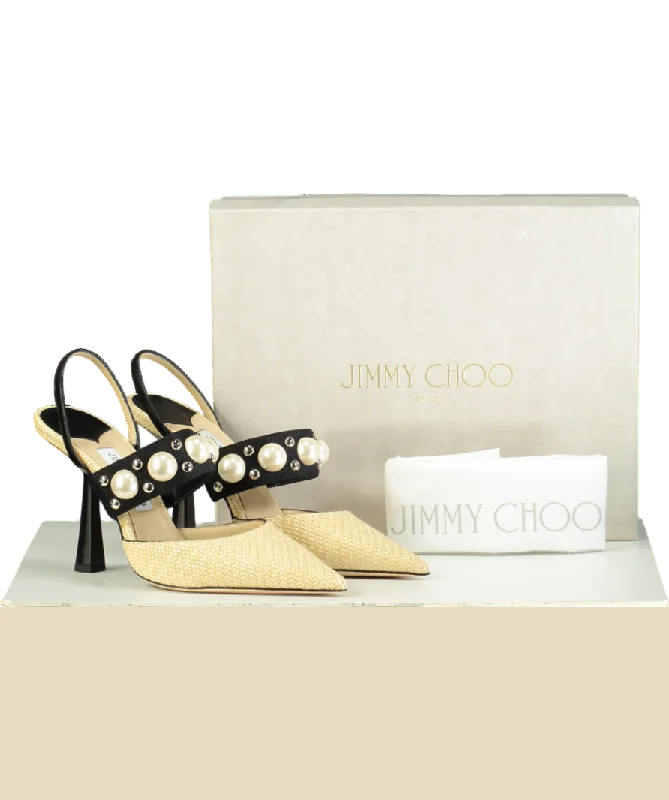 Jimmy Choo Natural raffia Breslin 100mm Pearl detail Singback Pumps UK 6.5 EU 39.5 👠