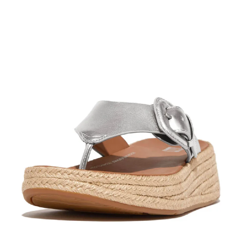 Sandals travel promotions-FitFlop F-Mode Espadrille Adj. Leather Flatform Toe-Thongs Sandals - Silver