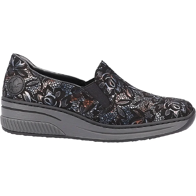 casual shoes for fashionable travel attire-Women's Rieker 48752-90 Doris 52 Black Metallic Floral Synthetic