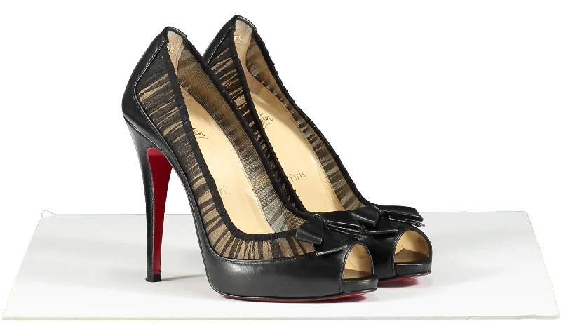 Christian Louboutin Black Leather/chiffon Angelique 100 Peep Toe Pumps UK 3 EU 36 👠