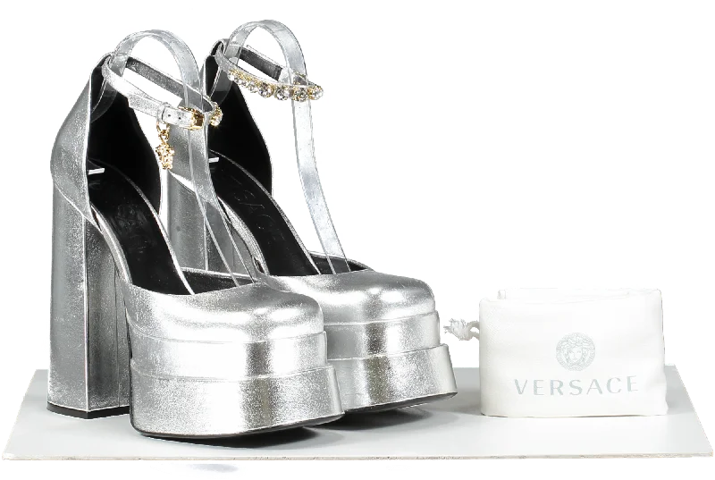 Versace Metallic Silver Medusa Aevitas 155mm Platform Pumps UK 5.5 EU 38.5 👠