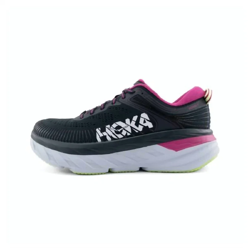 Shoes for sports training recovery-Women's Bondi 7 Running Shoes In Blue Graphite, Festival Fuchsia