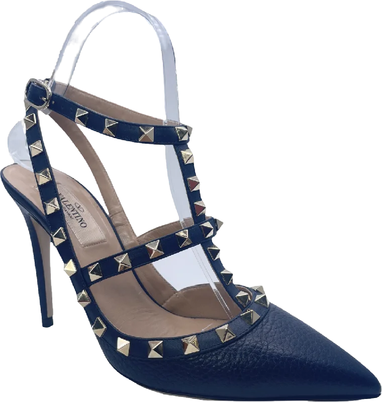 Valentino Garavani Navy Blue Rockstud Grainy Calfskin Ankle Strap Pump 100 Mm UK 4 EU 37 👠