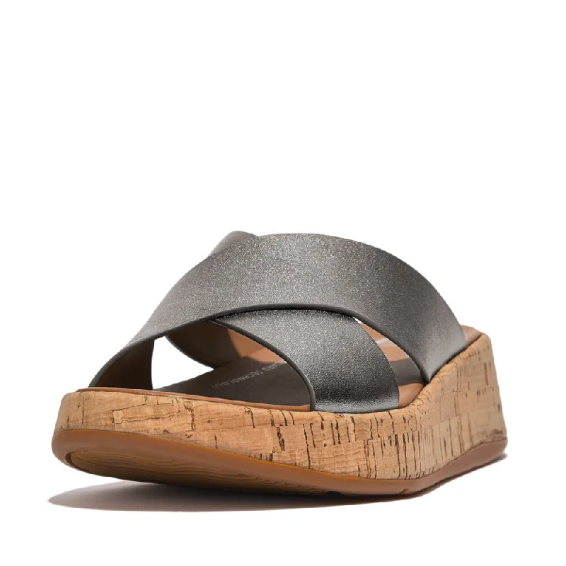 Sandals parking options-FitFlop F-Mode Leather Flatform Cross Slide Sandals - Classic Pewter Mix