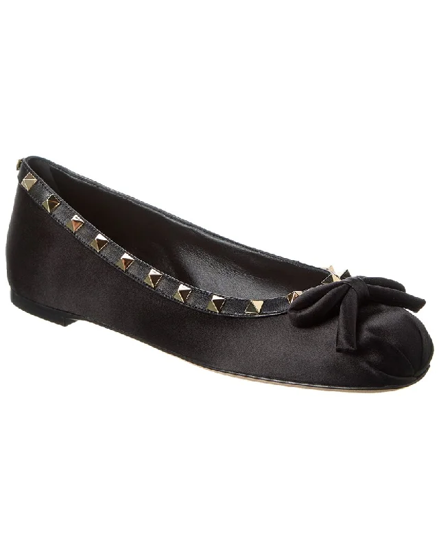 Flats with a thick sole-Valentino Rockstud Satin & Leather Ballerina Flat