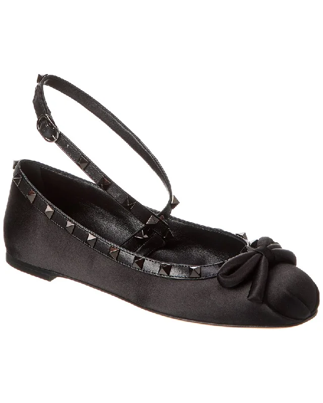 Flats shoes for functional fashion-Valentino Rockstud Satin & Leather Flat