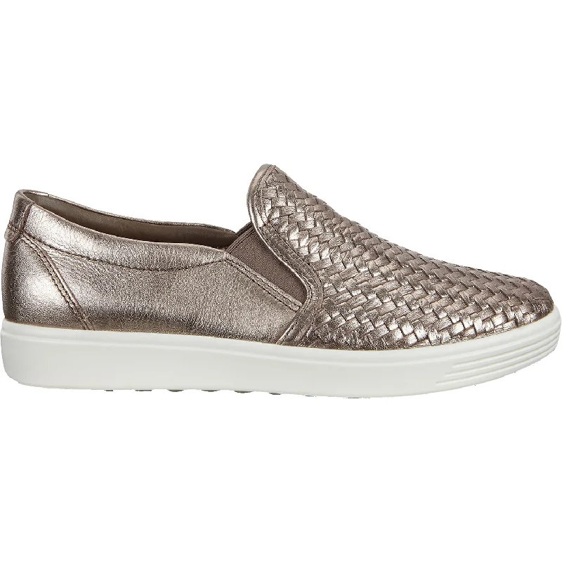 slip-on casual shoes for women’s convenience-Women's Ecco Soft 7 Woven Slip On 2.0 Stone Metallic Leather