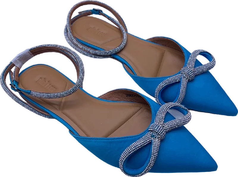 Flats shoes with cute designs-Bibi Lou Blue Embellished Satin Bow Strap Flats UK 4