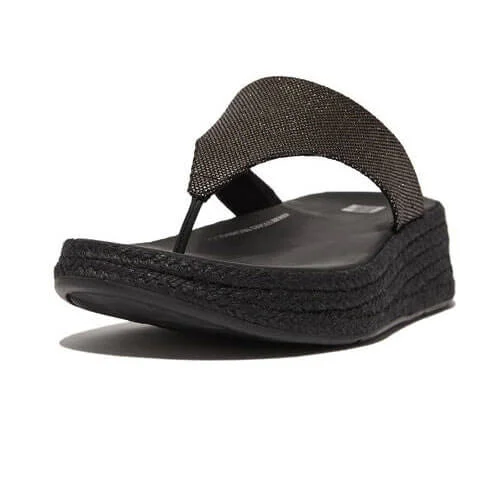 Sandals private transfers-FitFlop F-Mode Espadrille Glitz-Canvas Flatform Toe-Thongs Sandals - Black