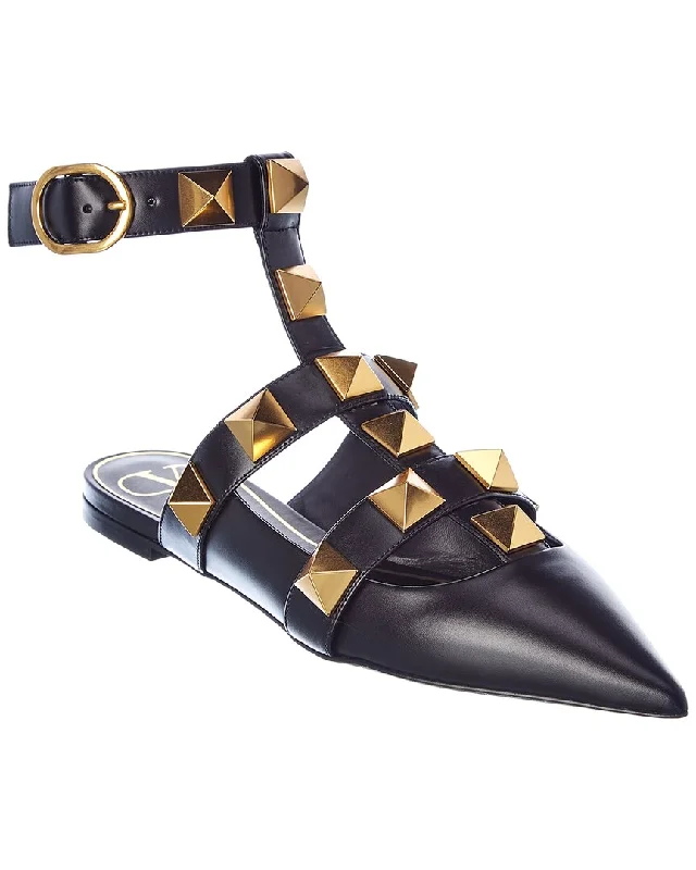 Flats shoes with functional appeal-Valentino Roman Stud Leather Ankle Strap Flat