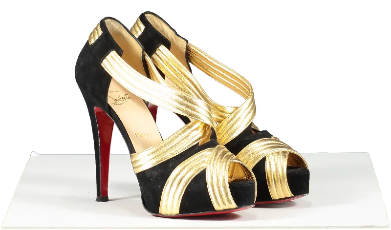 Christian Louboutin Black / Gold Suede And Leather Cross Front Platform Peep Toe Pumps UK 3.5 EU 36.5 👠